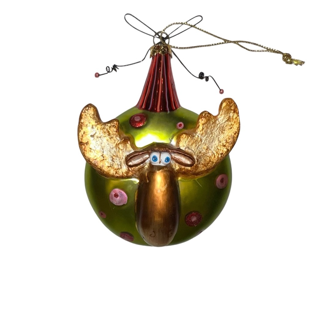 Blue Eye Moose‎ w Eyelashes Polka Dot Glass Ornament Green Brown Pink Red